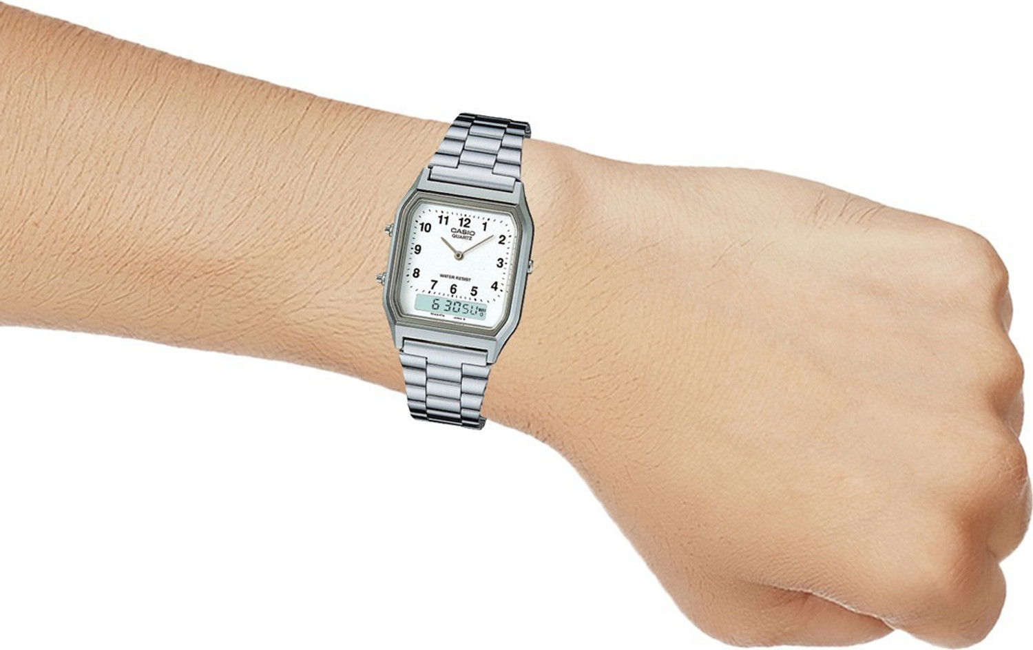 Image of CASIO AQ-230A-7BMQ Vintage AQ-230A-7BHDF White Dial Silver Stainless Steel Band Analog-Digital Watch - For Men & Women