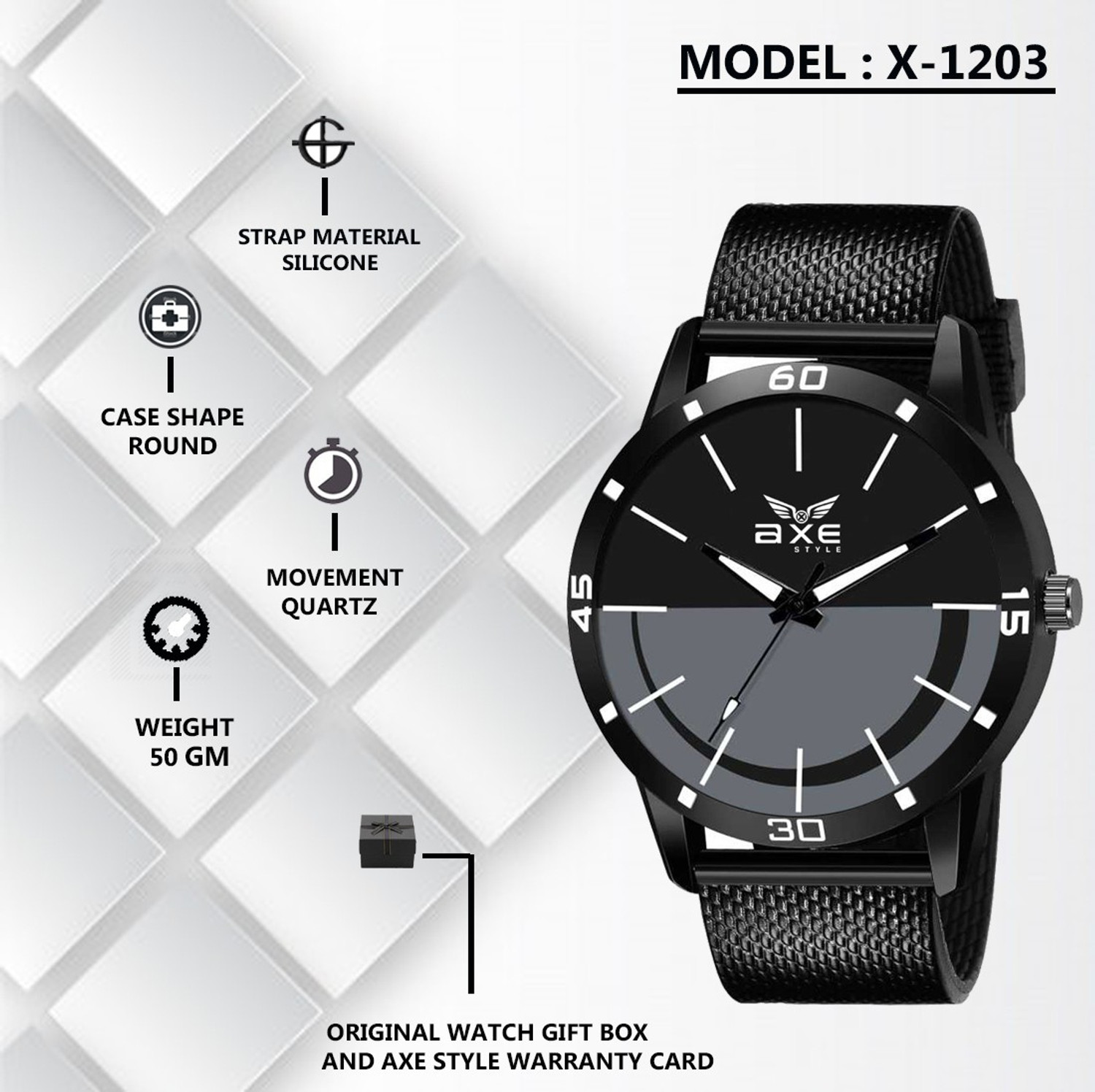 Image of AXE Style X-1203 Black Leather Strap Wrist Watch For Mens & Boys Branded /Brand Hands Analog Watch Analog Watch - For Men