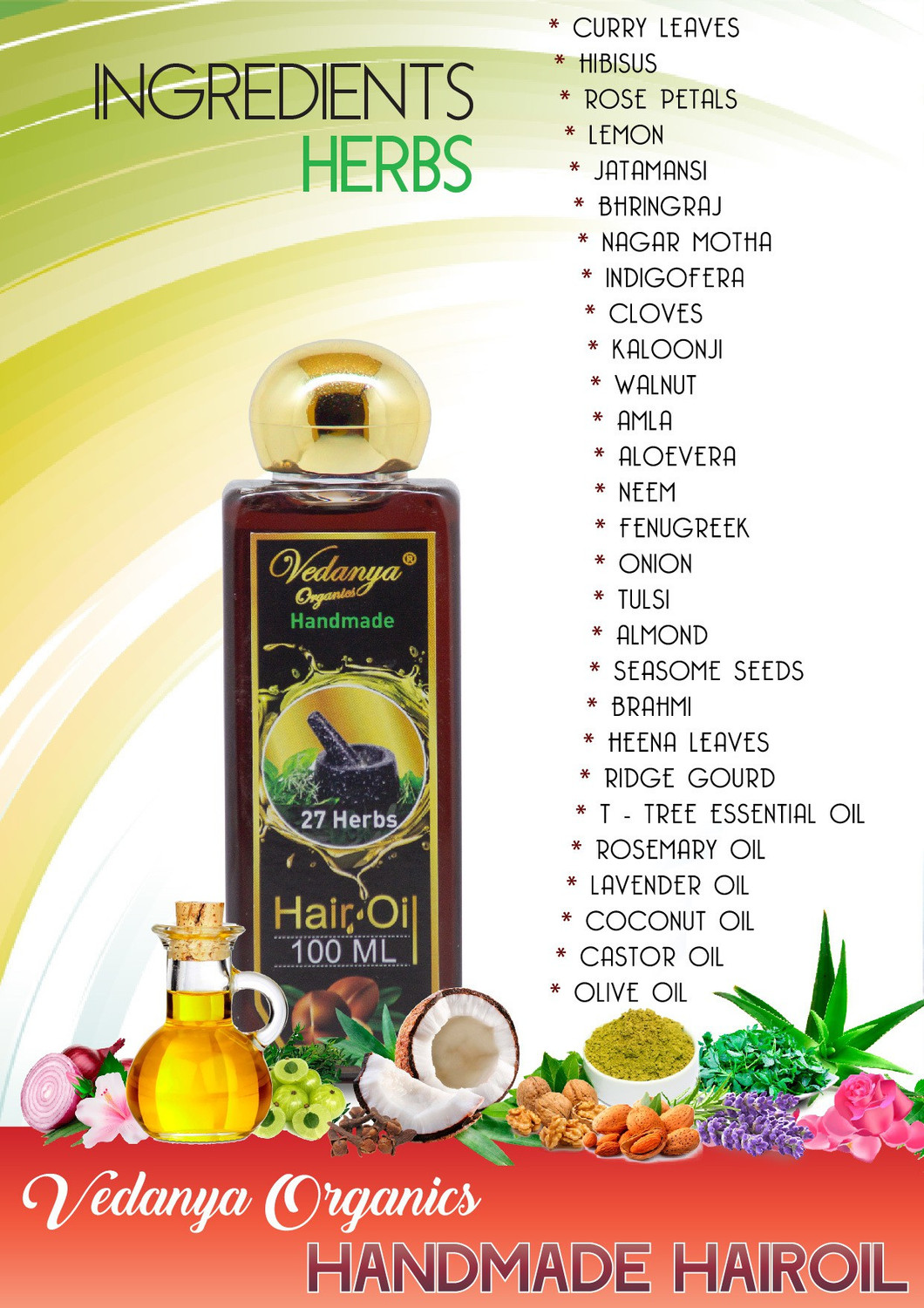 Image of Vedanya Organics handmade hair Oil with 27 herbs- Delays Greying 100 ml. (Pack of 6) Hair Oil
