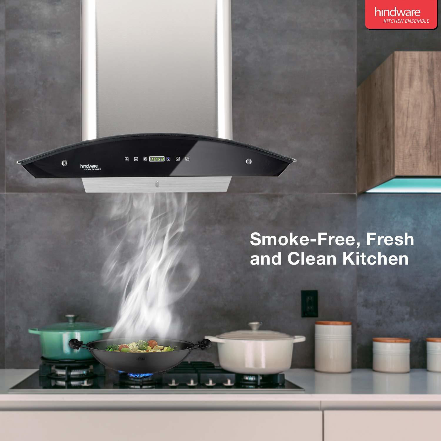 Image of Hindware Smart Appliances Tayla 60 Auto Clean T-Shape Filterless Touch Control Motion Sensor Energy Efficient LED Light Powerful Suction Wall Mounted Black 1300 CMH Chimney