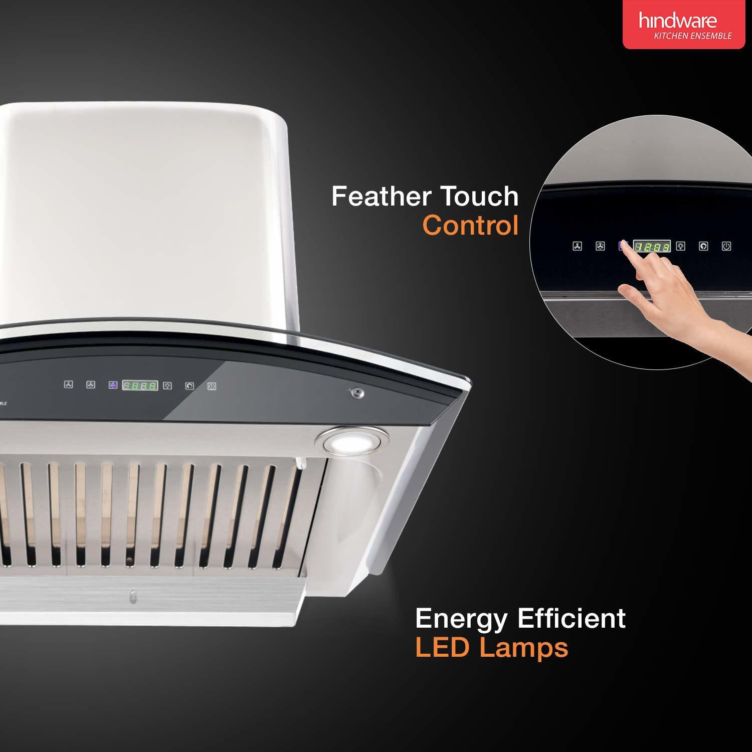 Image of Hindware Smart Appliances Tayla 60 Auto Clean T-Shape Filterless Touch Control Motion Sensor Energy Efficient LED Light Powerful Suction Wall Mounted Black 1300 CMH Chimney