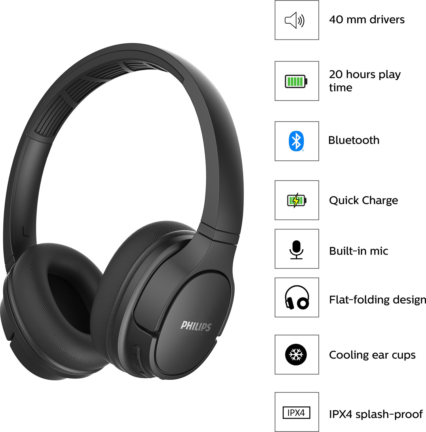 Image of PHILIPS Bluetooth Wireless Foldable Headphone with Mic, 20H Playtime, 40mm Drivers, IPX4 Bluetooth