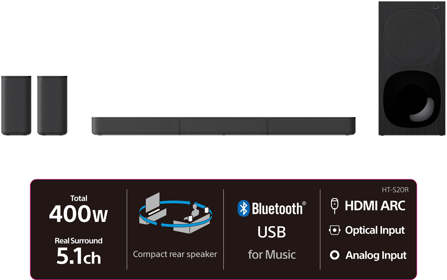 Image of SONY HT-S20R 5.1ch Home Theatre with Digital, Subwoofer, Rear Speakers, 400 W Bluetooth Soundbar