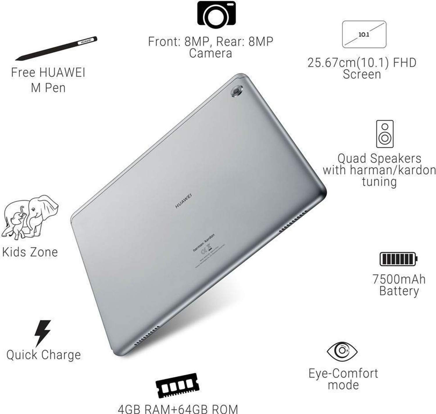 Image of Huawei MediaPad M5 Lite with stylus 4 GB RAM 64 GB ROM 10.1 inch with 4G HiSilicon Kirin 659 Octa Core Tablet (Space Grey)