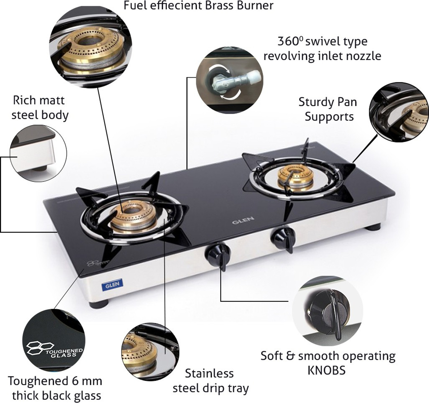 Image of Glen Rapid LPG Gas Stoves 2 Burner | Brass Burner | ISI Certified | Revolving Inlet Glass Manual Gas Stove