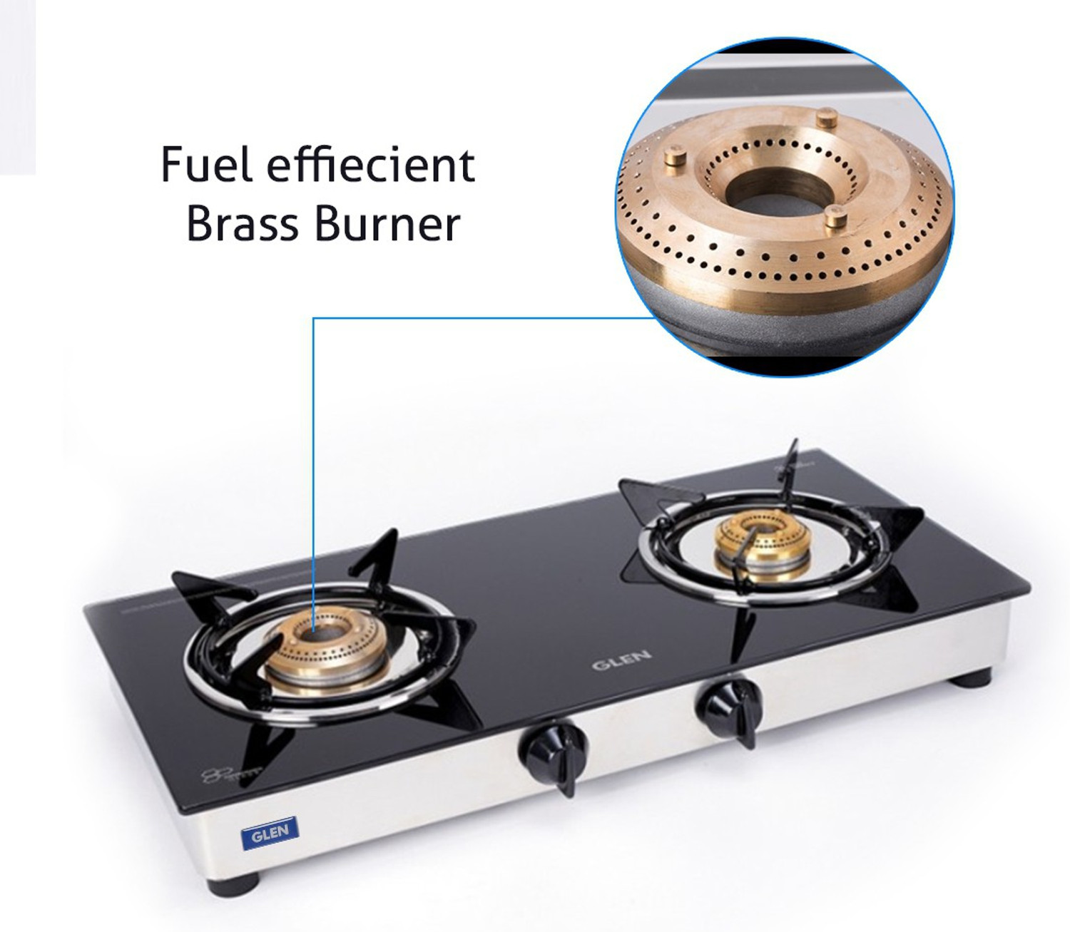Image of Glen Rapid LPG Gas Stoves 2 Burner | Brass Burner | ISI Certified | Revolving Inlet Glass Manual Gas Stove