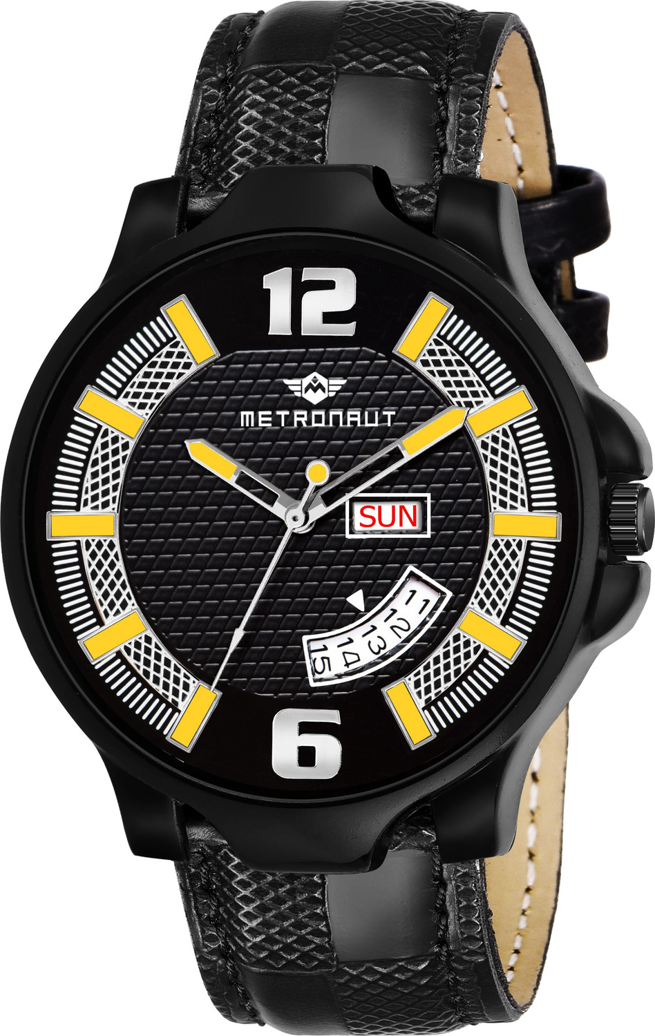 METRONAUT Elegant Black Yellow Dial Round Shaped Faux Leather Day