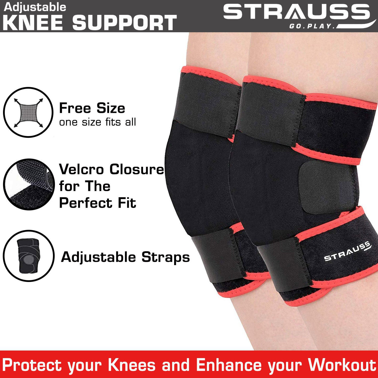 Image of Strauss Adjustable Knee Support | Knee Cap | Knee Brace | Knee Band (Pair) Knee Support
