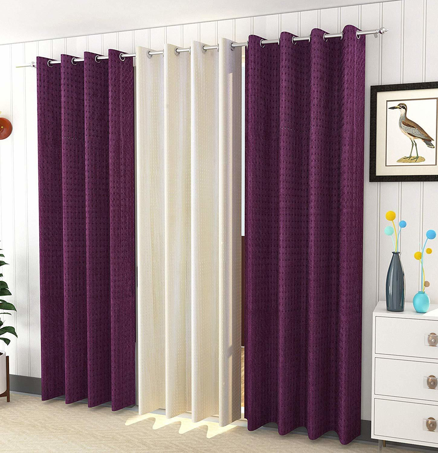 Image of Panipat Textile Hub 152 cm (5 ft) Window Polyester Semi Transparent Curtain (Pack Of 3) (Purple, Solid)