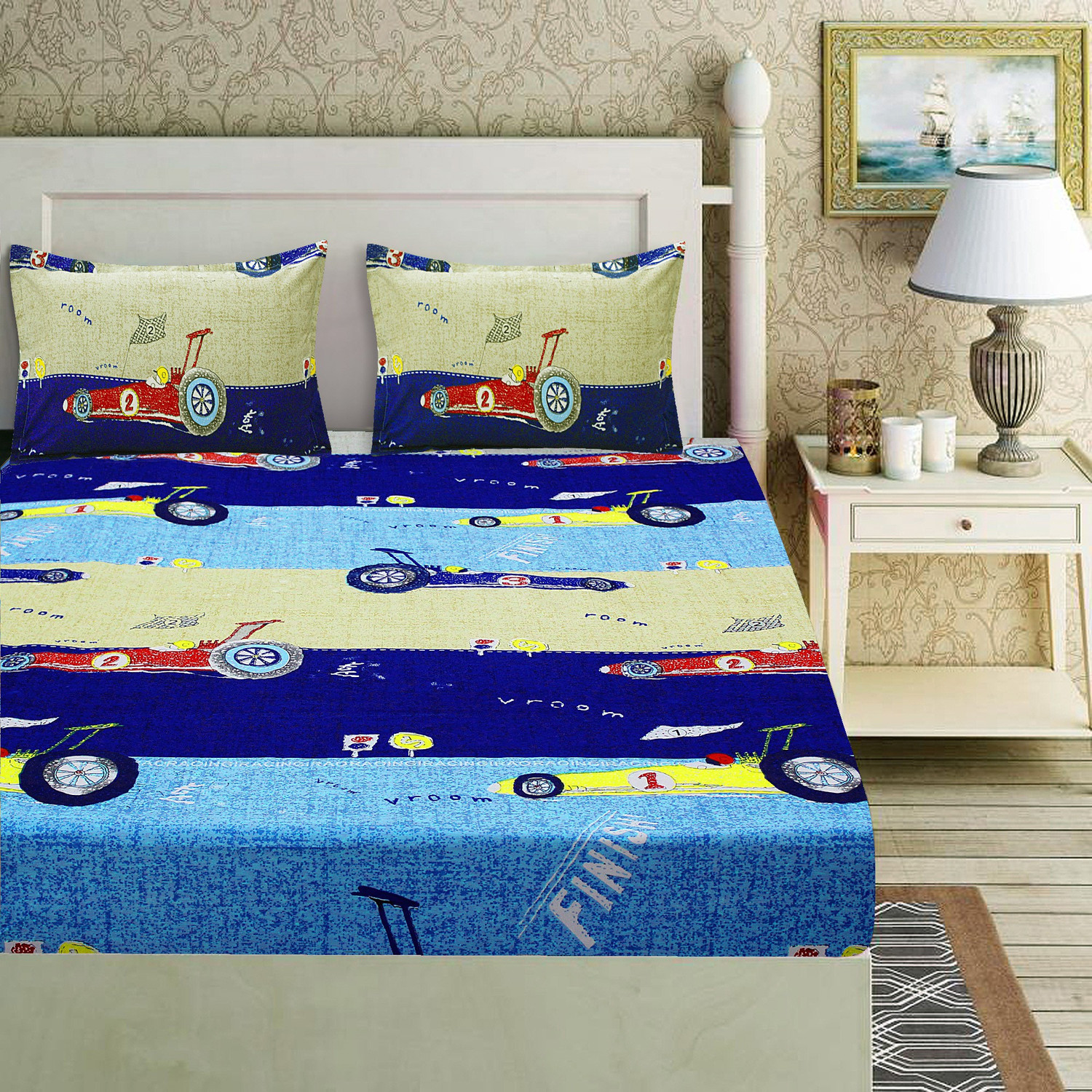 Image of Flipkart SmartBuy Microfiber Double Flat 140 TC Printed 1 Bedsheet with 2 Pillow Covers