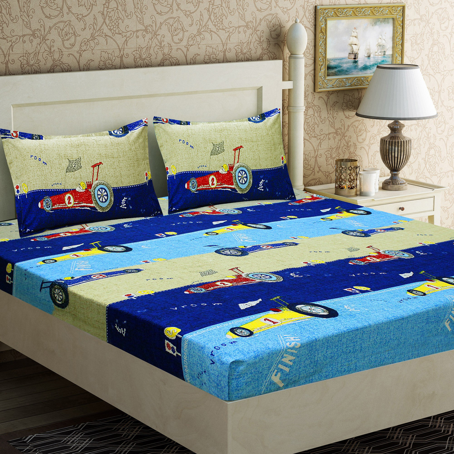 Image of Flipkart SmartBuy Microfiber Double Flat 140 TC Printed 1 Bedsheet with 2 Pillow Covers