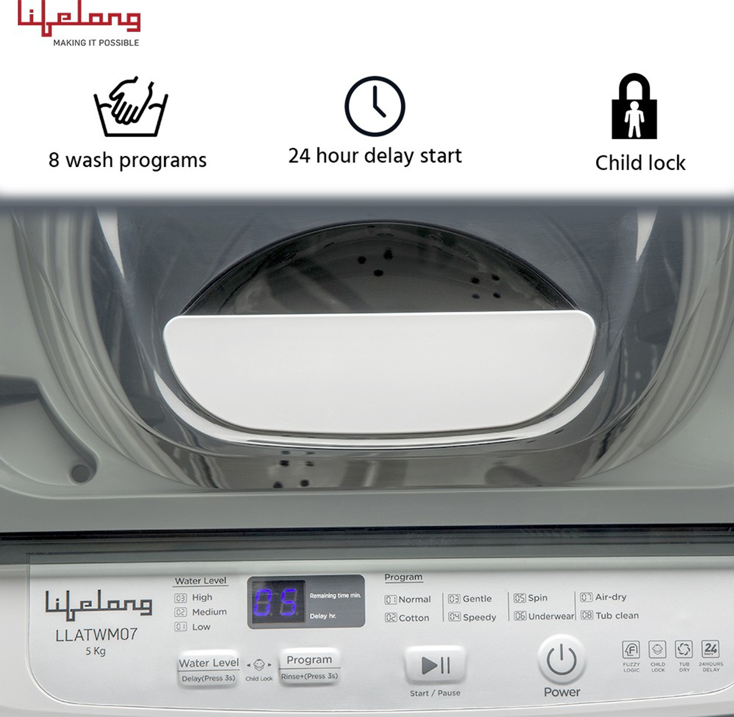 Image of Lifelong 5 kg Fully Automatic Top Load Washing Machine White