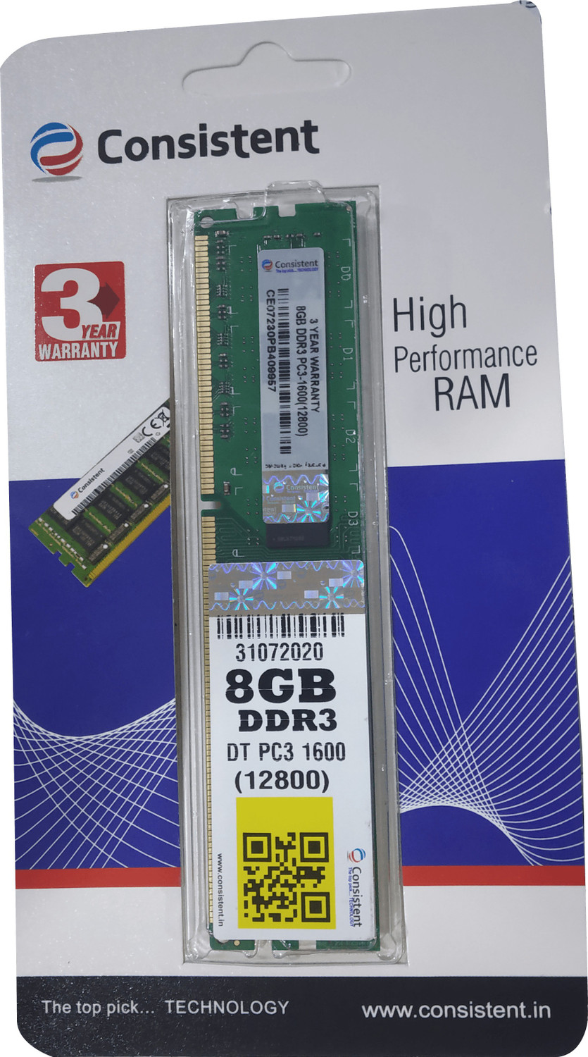 Consistent 1600 DDR3 8 GB (Single Channel) PC (DT PC3)