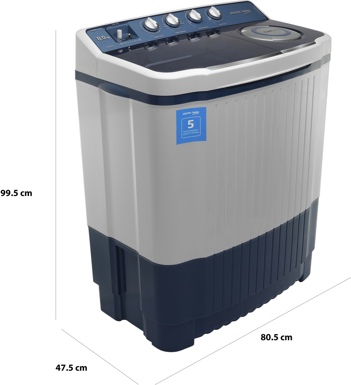 Image of Voltas Beko by A Tata Product 8 kg Semi Automatic Top Load Washing Machine White, Blue
