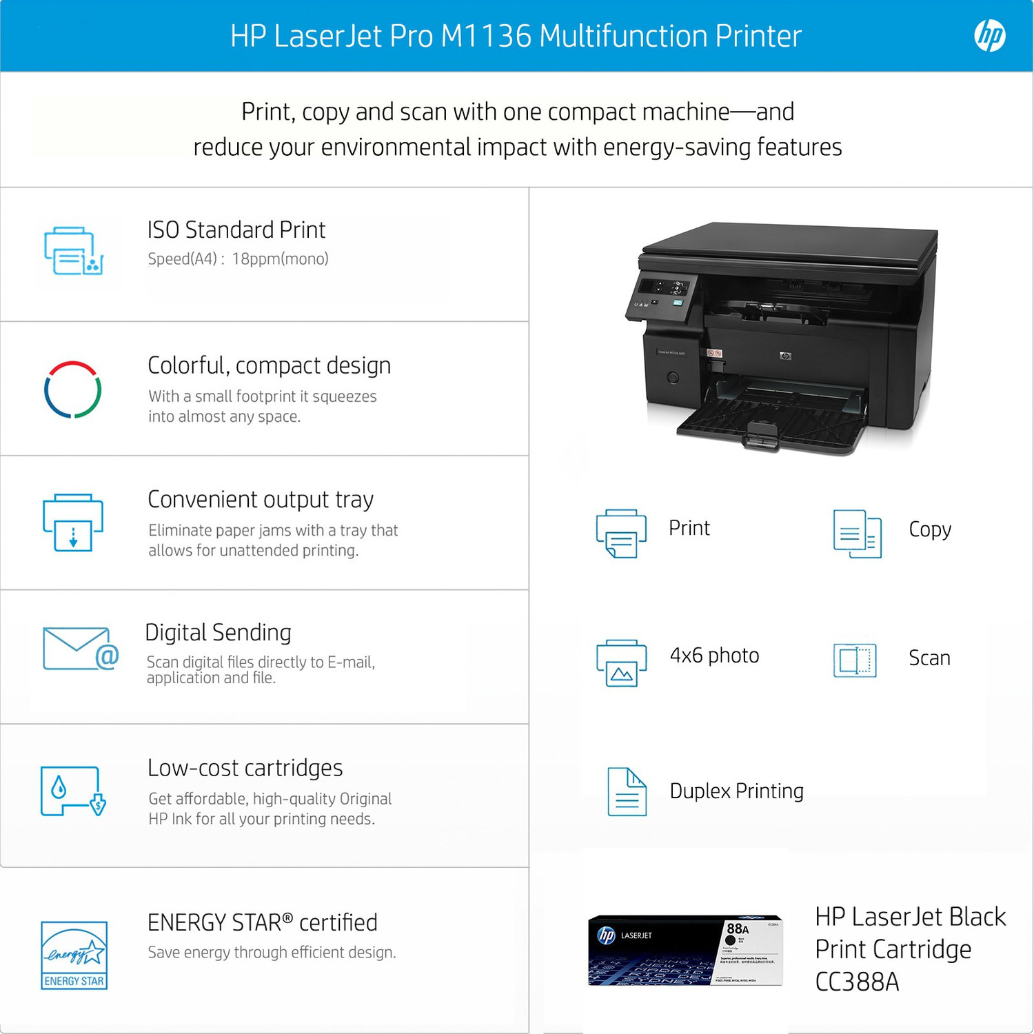 Image of HP LaserJet Pro M1136 MFP Multi-function Monochrome Laser Printer