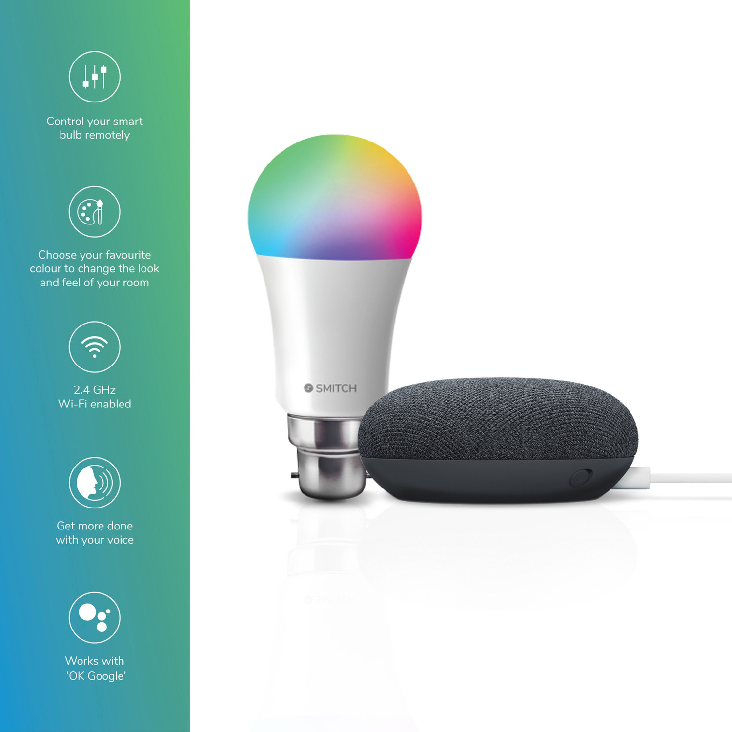 Image of Google Nest Mini with Smitch WiFi RGB Smart Bulb 10W with Google Assistant Smart Speaker