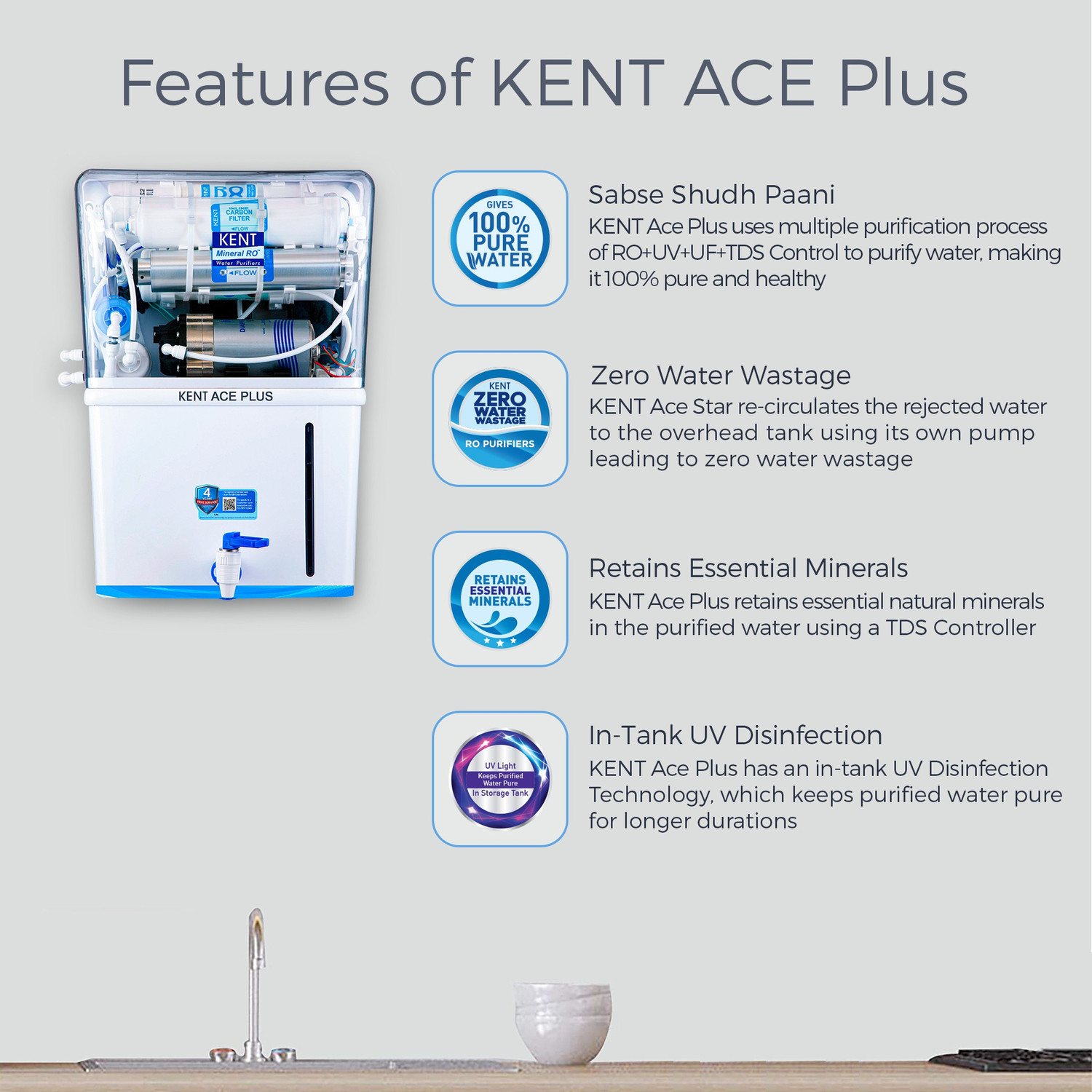 Image of KENT ACE Plus 8 L RO + UV + UF + TDS Control + UV in Tank Water Purifier Suitable for all - Borewell, Tanker, Municipality Water