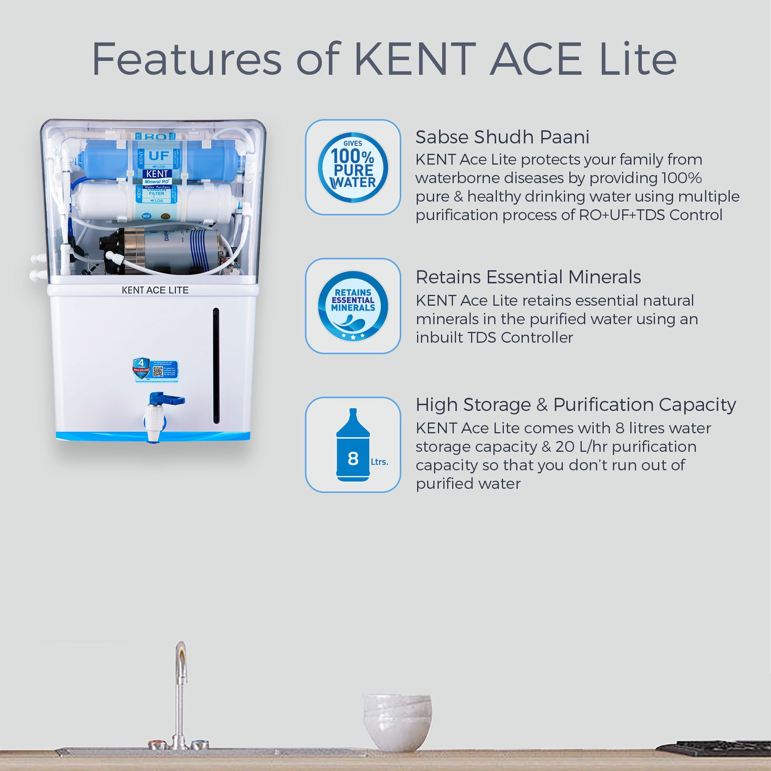 Image of KENT Ace Lite 8 L RO + UF + TDS Water Purifier Suitable for all - Borewell, Tanker, Municipality Water
