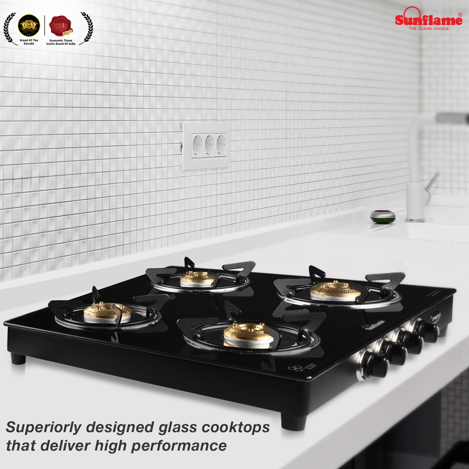 Image of Sunflame LPG STOVE GT 4B DIAMOND BK Glass Manual Gas Stove