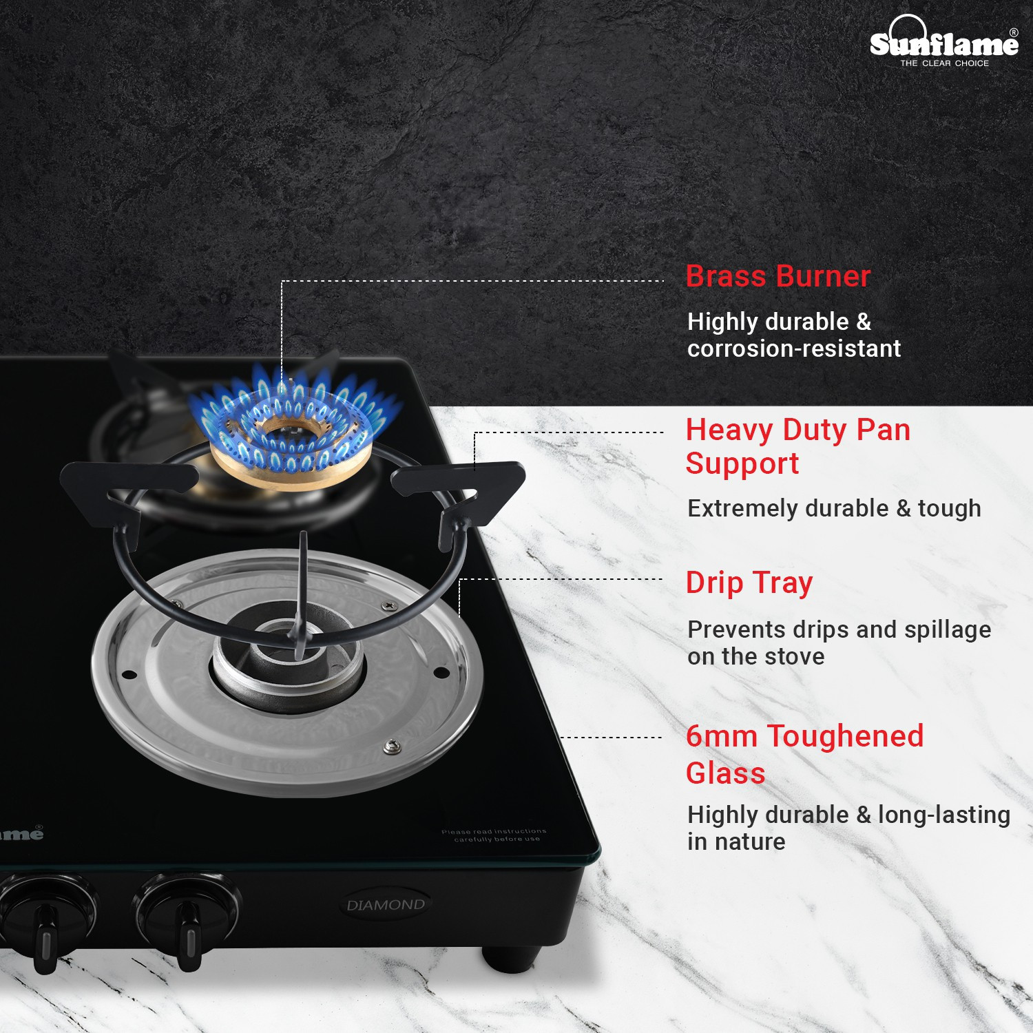 Image of Sunflame LPG STOVE GT 4B DIAMOND BK Glass Manual Gas Stove