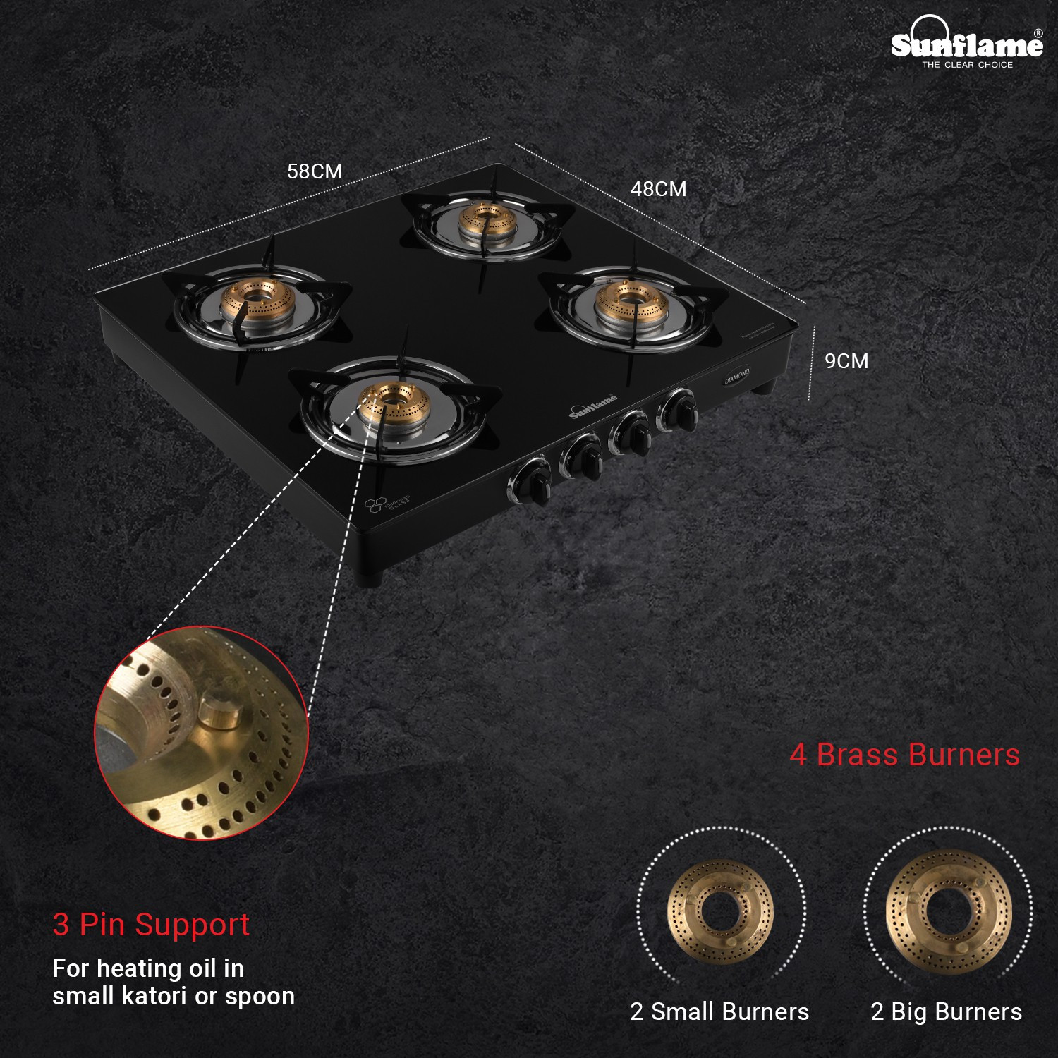Image of Sunflame LPG STOVE GT 4B DIAMOND BK Glass Manual Gas Stove