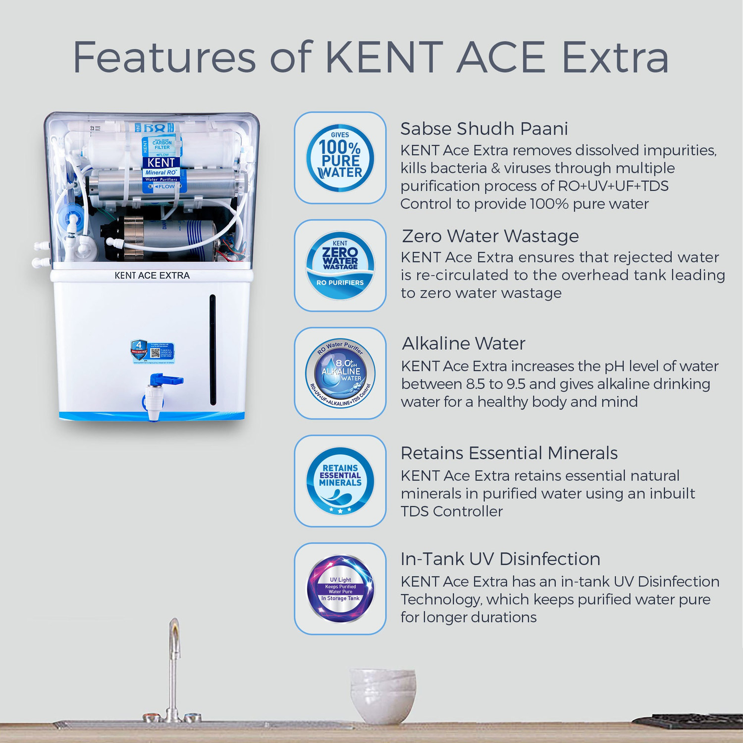 Image of KENT Ace Plus Alkaline+Copper 8 L RO + UV + UF + Alkaline + Copper + TDS Control + UV LED Water Purifier Advanced ROTech for Sabse Shudh Paani Auto Flush 8L 20LPH Ideal for Borewell /Tanker /Municipal Water