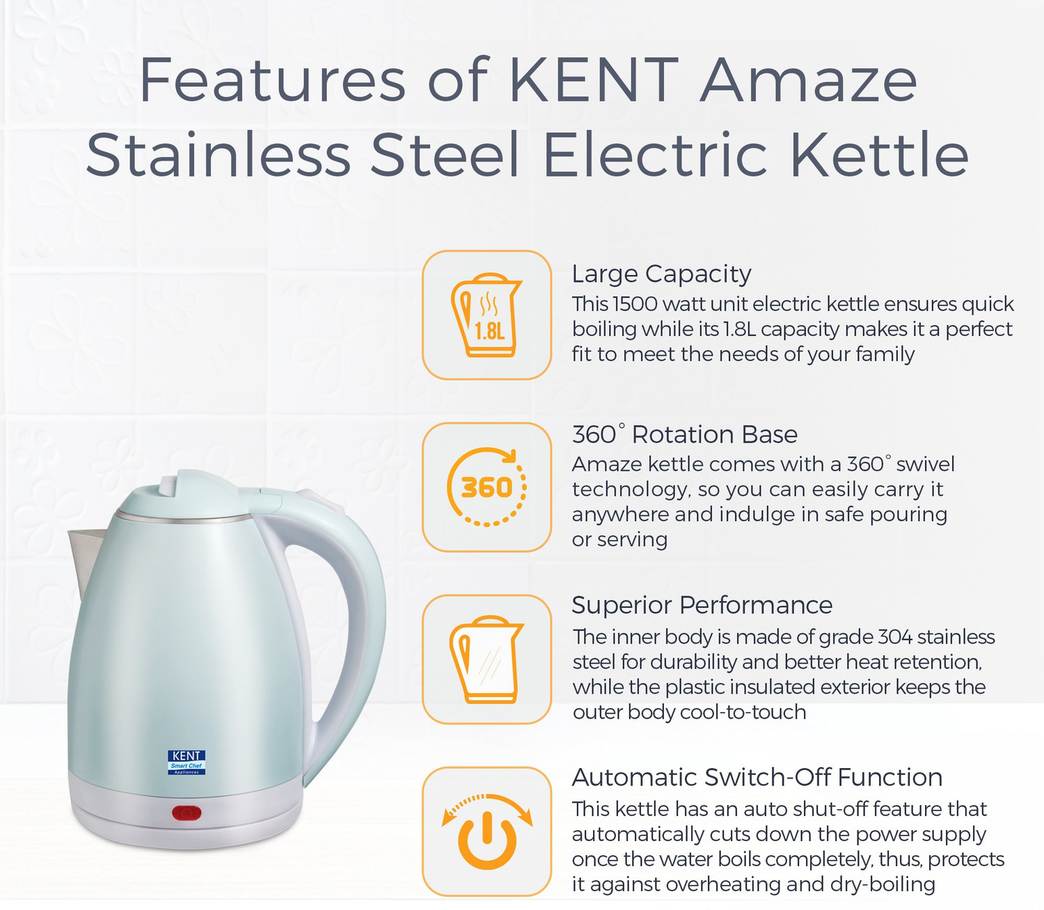 Image of KENT Amaze Stainless Steel Electric Kettle