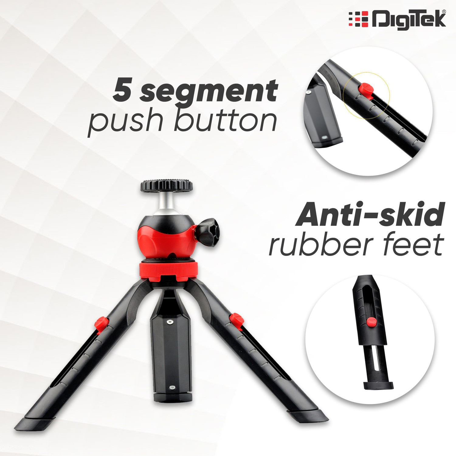 Image of DIGITEK DTR 200 MT Portable & Flexible Mini Tripod | With 360 Degree Ball Head | For Smart Phones | Compact Cameras | GoPro | Maximum Operating Height: 7.87 Inch| Maximum Load Upto: 1 kgs (Black /Red) (DTR 2OO MT) Tripod