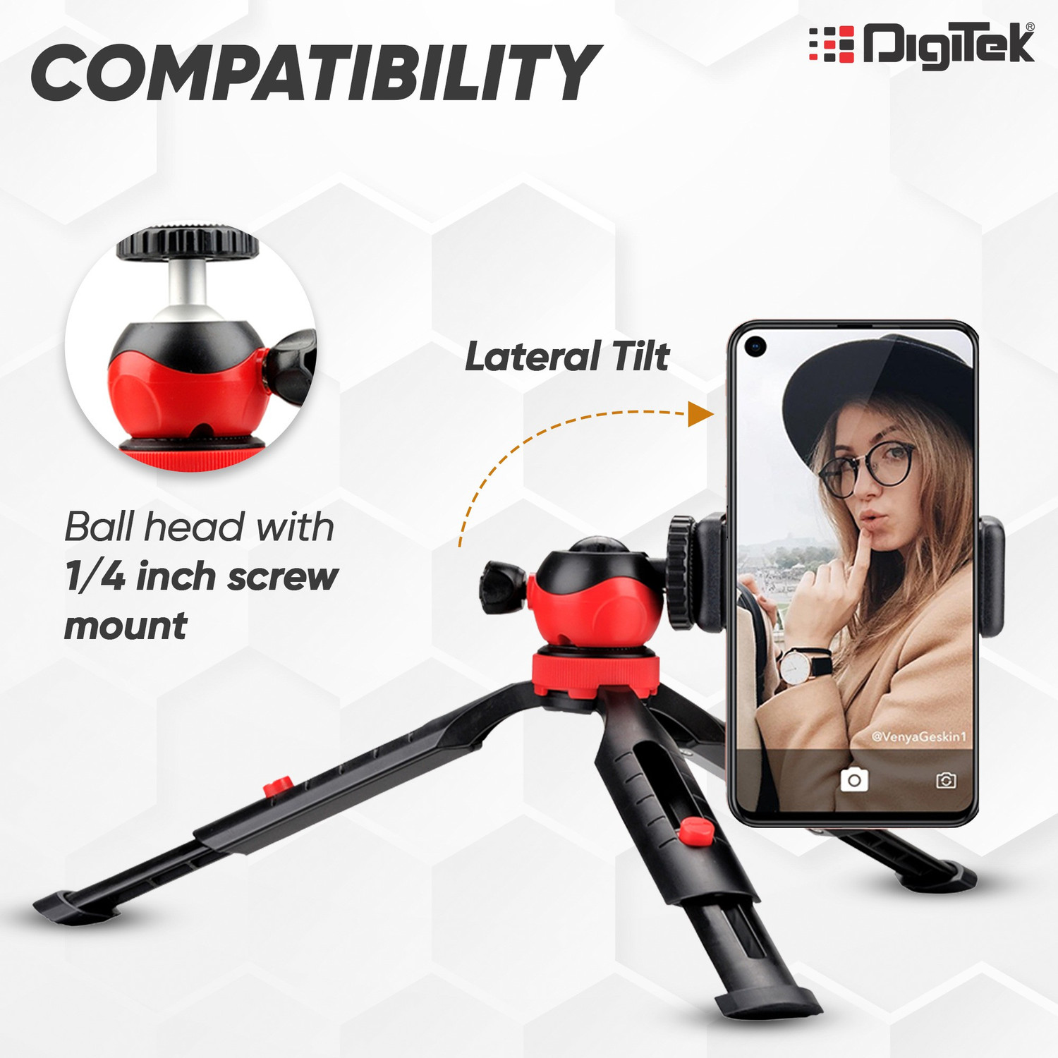 Image of DIGITEK DTR 200 MT Portable & Flexible Mini Tripod | With 360 Degree Ball Head | For Smart Phones | Compact Cameras | GoPro | Maximum Operating Height: 7.87 Inch| Maximum Load Upto: 1 kgs (Black /Red) (DTR 2OO MT) Tripod