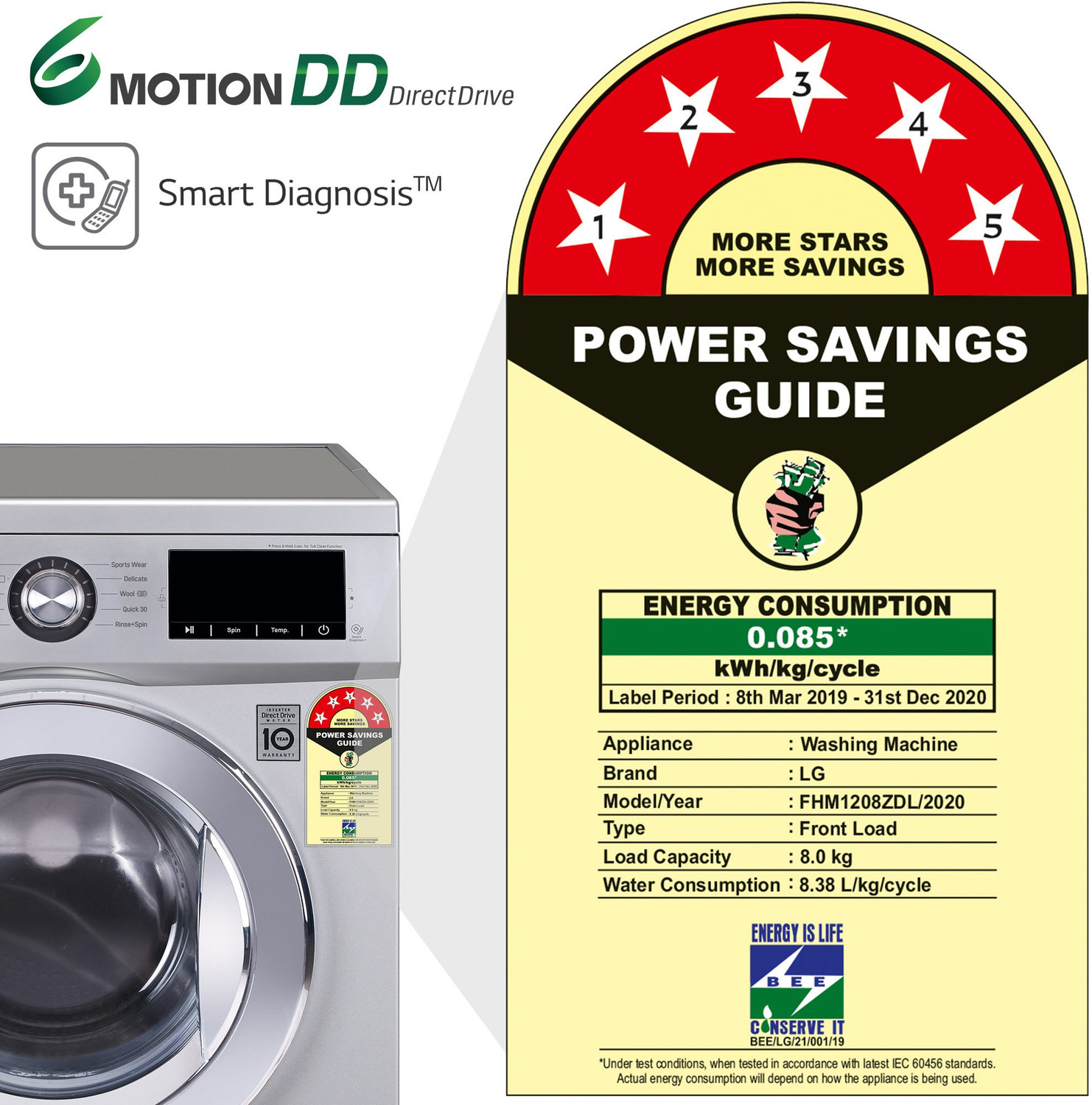 Image of LG 8 kg with Inverter ,5 Star Fully Automatic Front Load Washing Machine with In-built Heater Silver