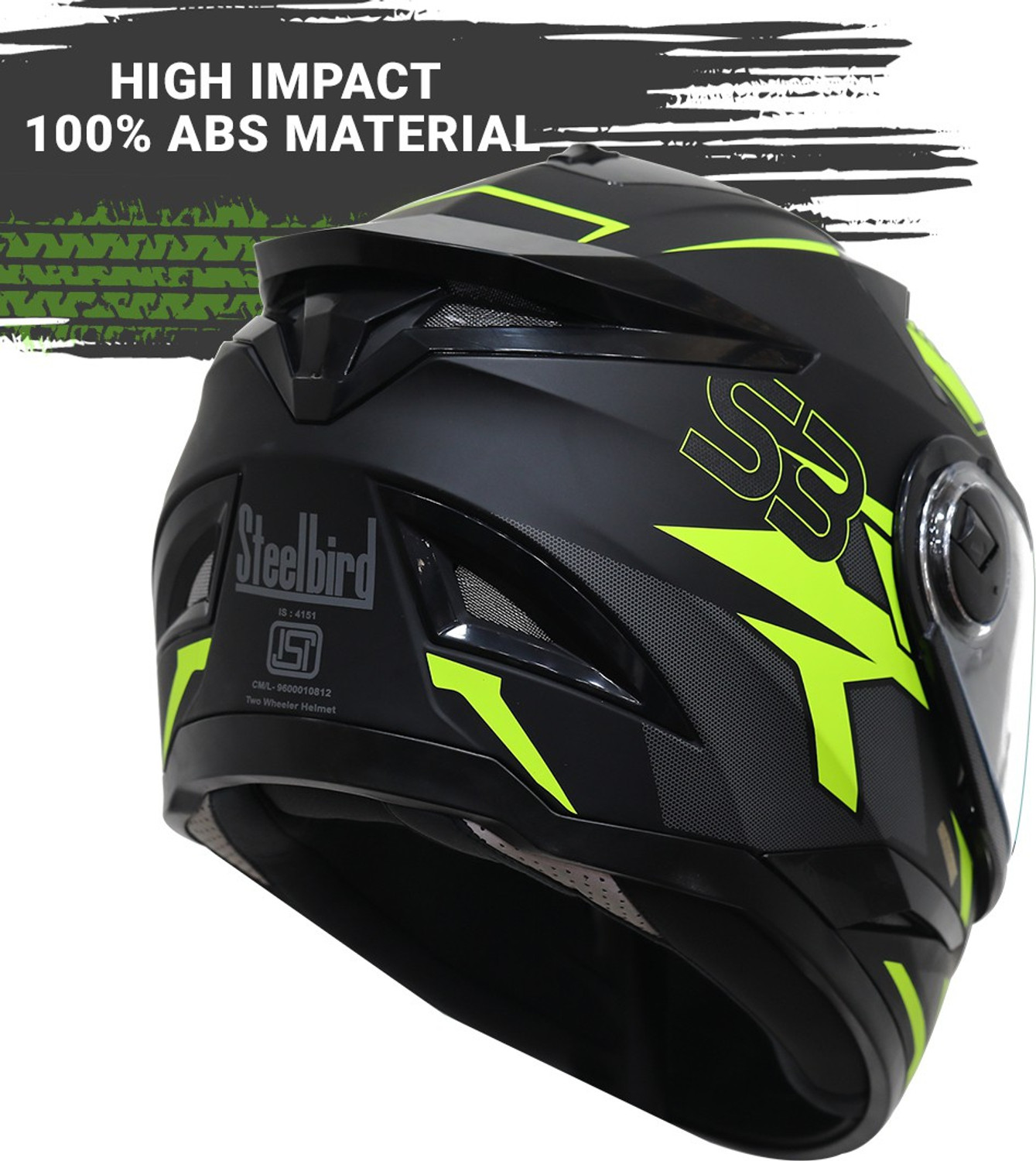 Image of Steelbird SBH-17 Terminator Full Face Graphic Helmet in Matt Fluo Yellow Motorbike Helmet