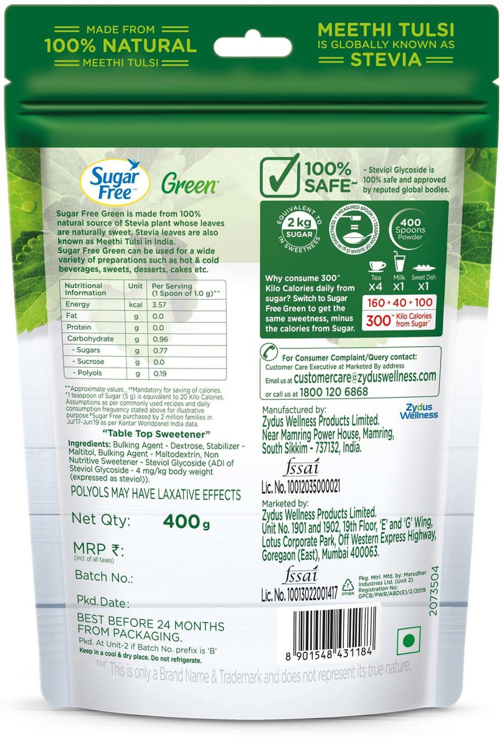 Image of Sugar free Green Stevia, 400 g Pouch |Made from 100% Natural Meethi Tulsi (Stevia) leaves Sweetener