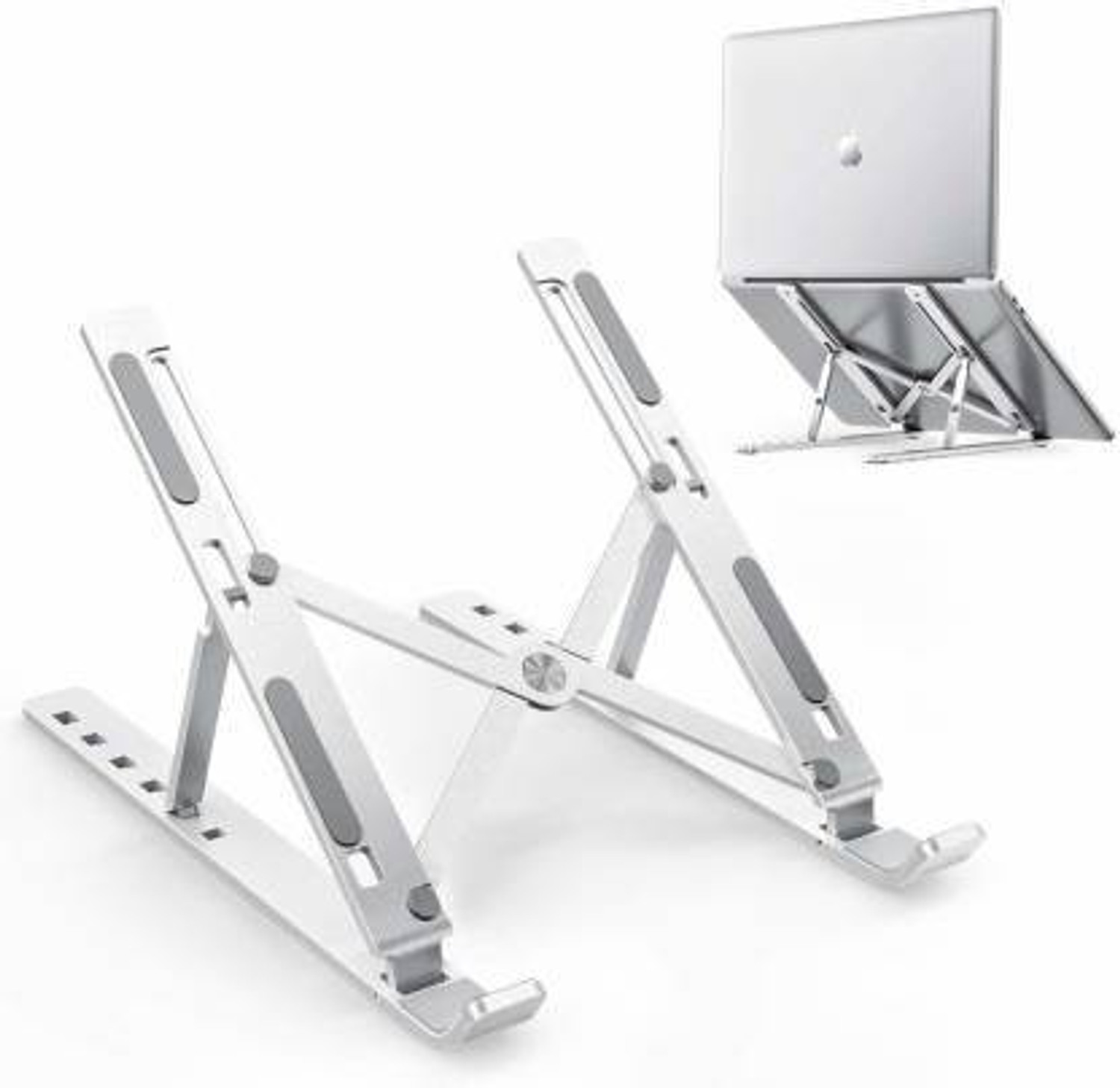 Image of FULKIZA Laptop Stand, 7 Adjustable Height Angles, Plastic , Ergonomic & Sturdy Design Laptop Stand, 6 Levels Adjustable Laptop Riser, Ventilated Aluminum Aluminium Floor and Desk Stand Laptop Stand with Adjustable Height Compatible with 26 - 35 cm Laptops (Silver)
