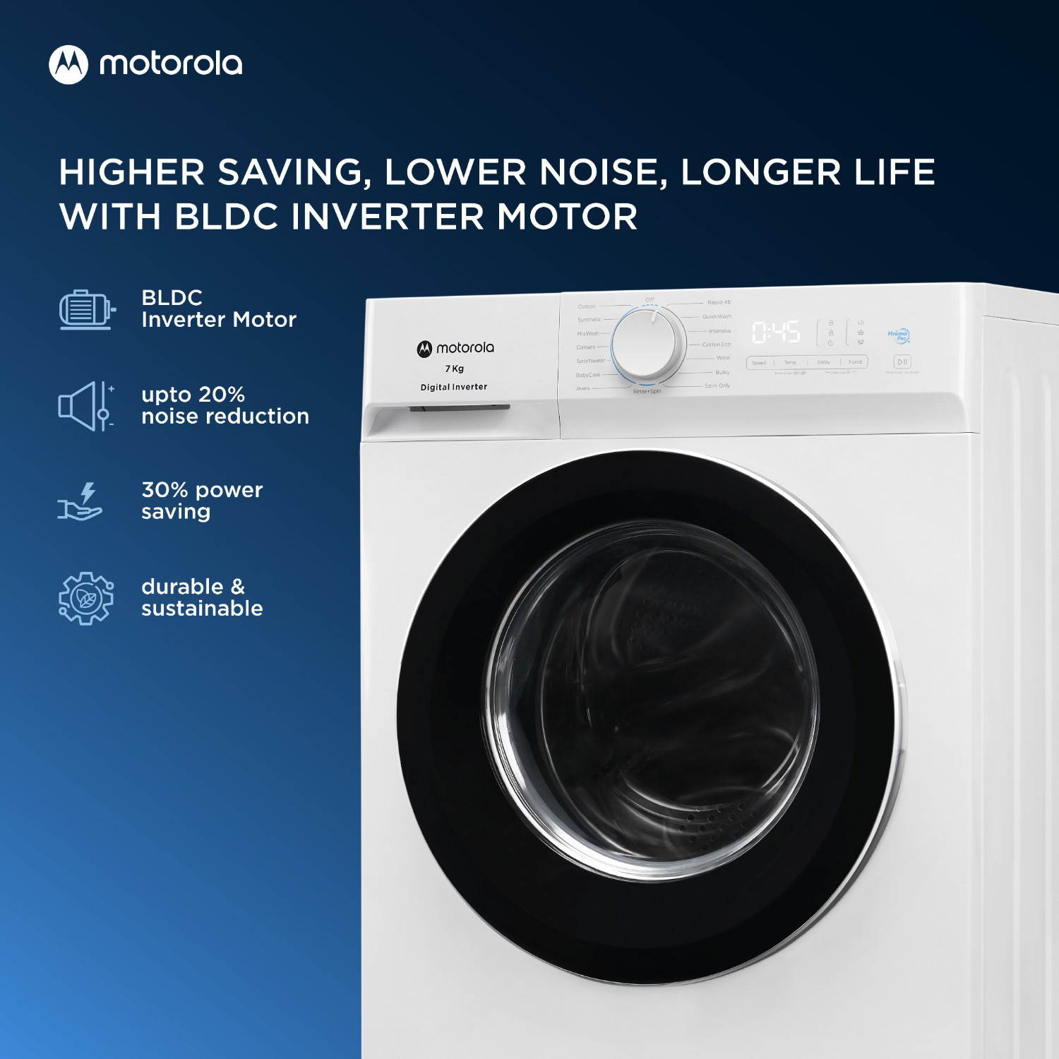 Image of MOTOROLA 7 kg Inverter Technology Fully Automatic Front Load Washing Machine with In-built Heater White