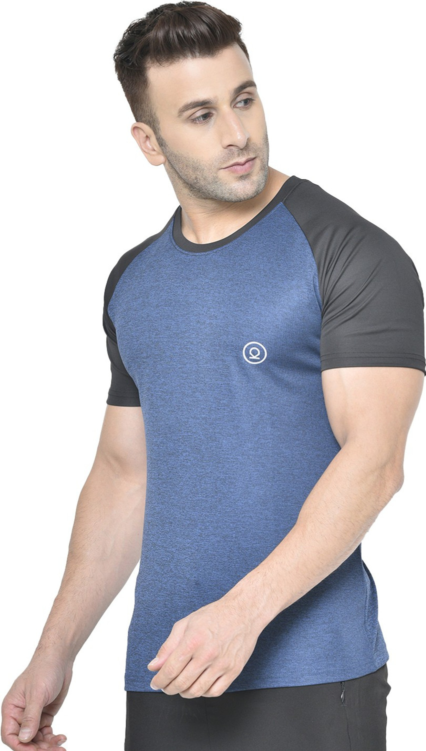 Image of CHKOKKO Men Colorblock Round Neck Polyester Blue, Black T-Shirt