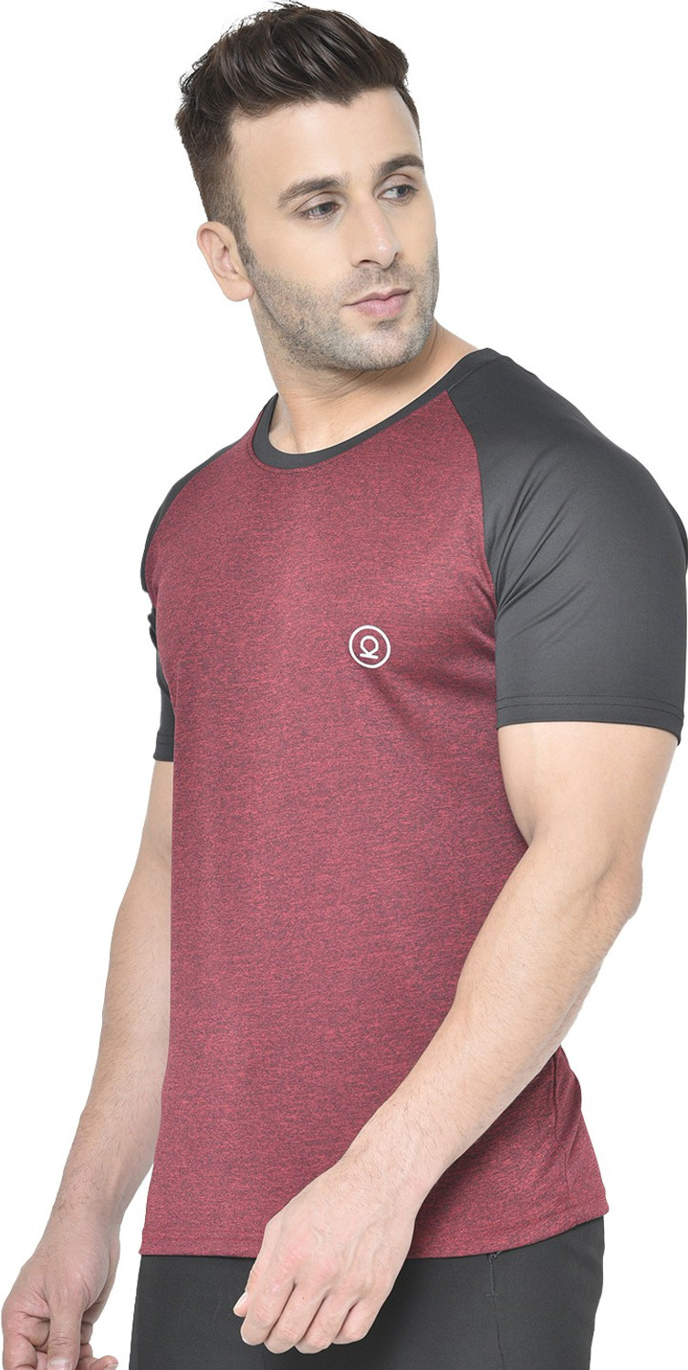 Image of CHKOKKO Men Colorblock Round Neck Polyester Maroon, Black T-Shirt