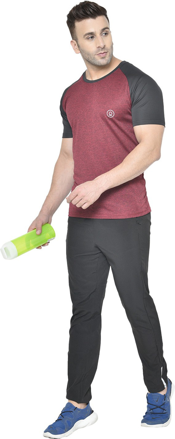 Image of CHKOKKO Men Colorblock Round Neck Polyester Maroon, Black T-Shirt