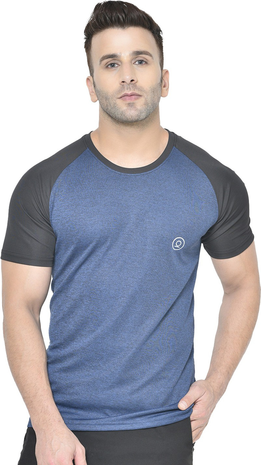 Image of CHKOKKO Men Colorblock Round Neck Polyester Blue, Black T-Shirt