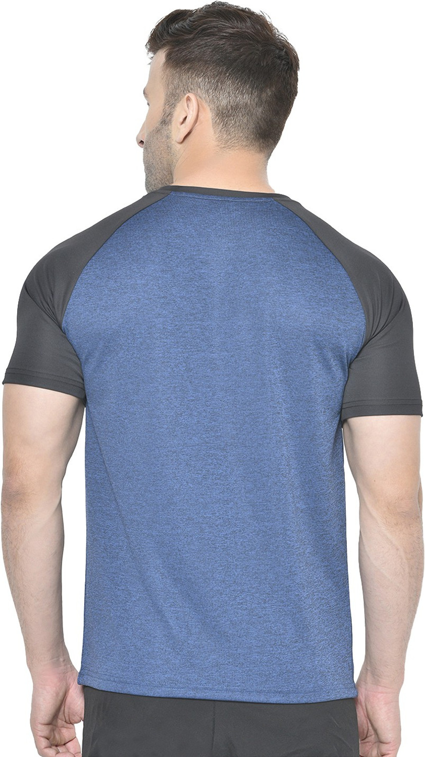 Image of CHKOKKO Men Colorblock Round Neck Polyester Blue, Black T-Shirt