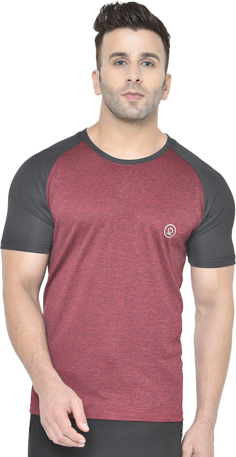 Image of CHKOKKO Men Colorblock Round Neck Polyester Maroon, Black T-Shirt
