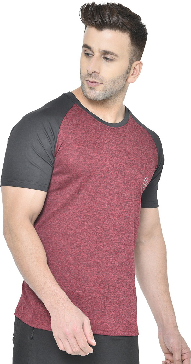 Image of CHKOKKO Men Colorblock Round Neck Polyester Maroon, Black T-Shirt