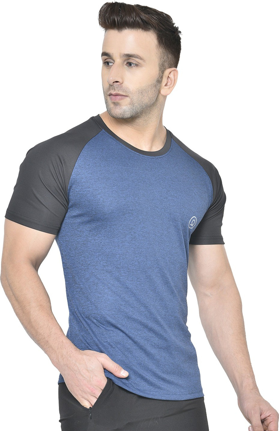 Image of CHKOKKO Men Colorblock Round Neck Polyester Blue, Black T-Shirt