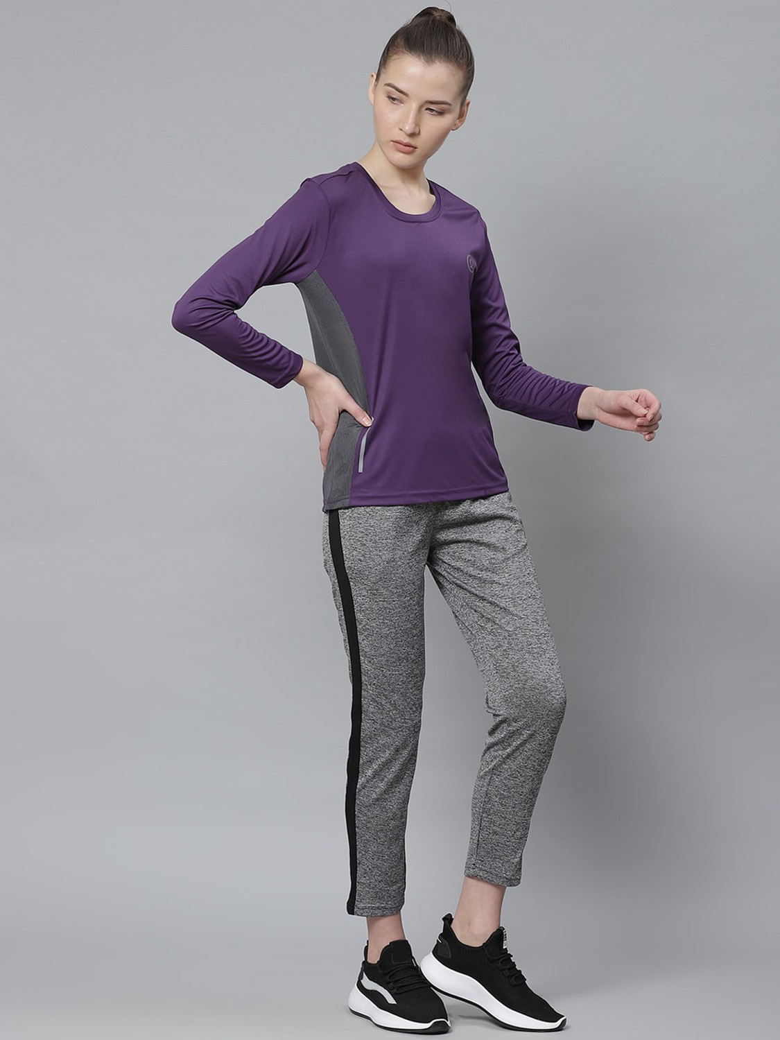 Image of CHKOKKO Women Solid Round Neck Polyester Purple T-Shirt