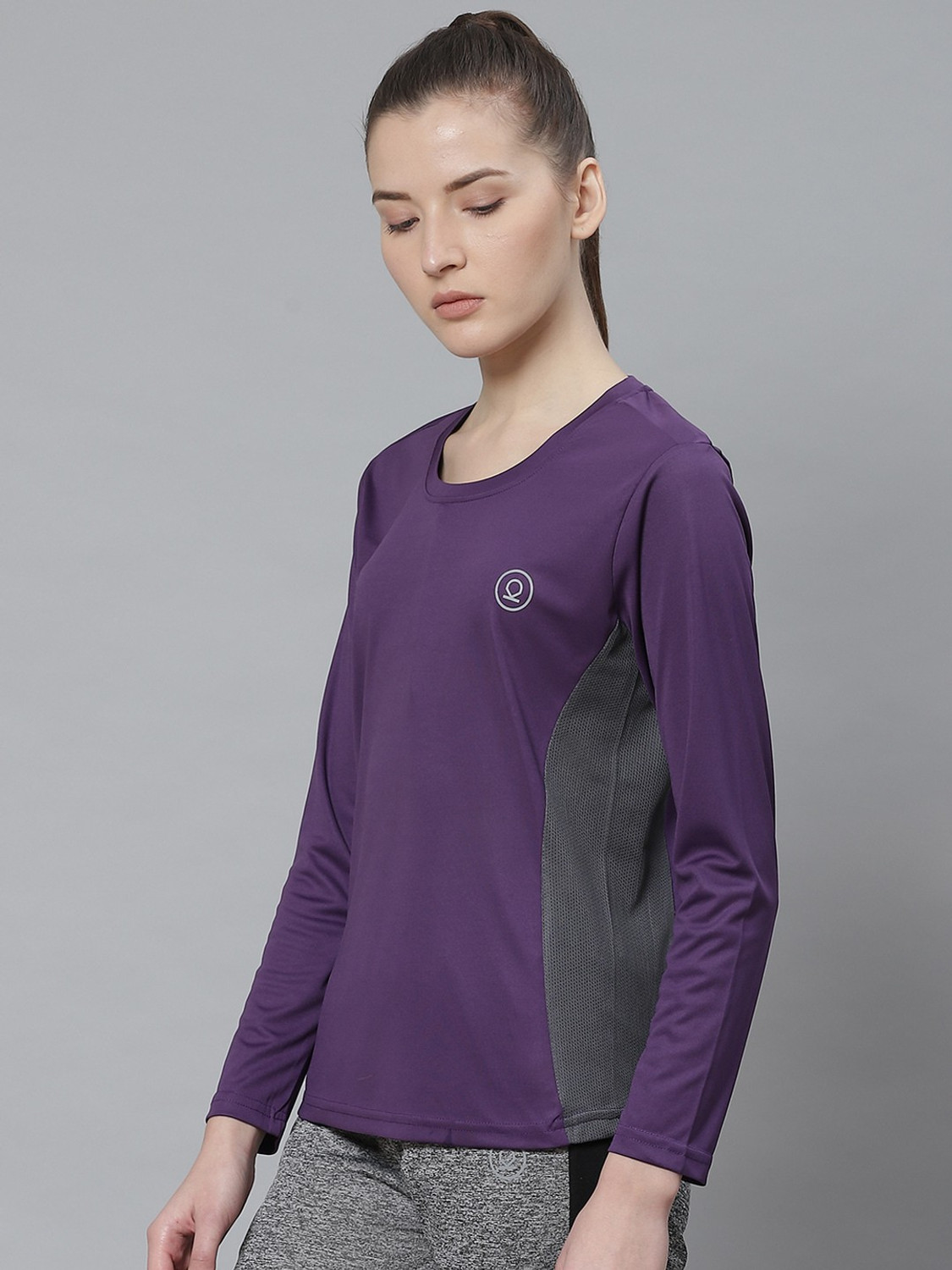 Image of CHKOKKO Women Solid Round Neck Polyester Purple T-Shirt