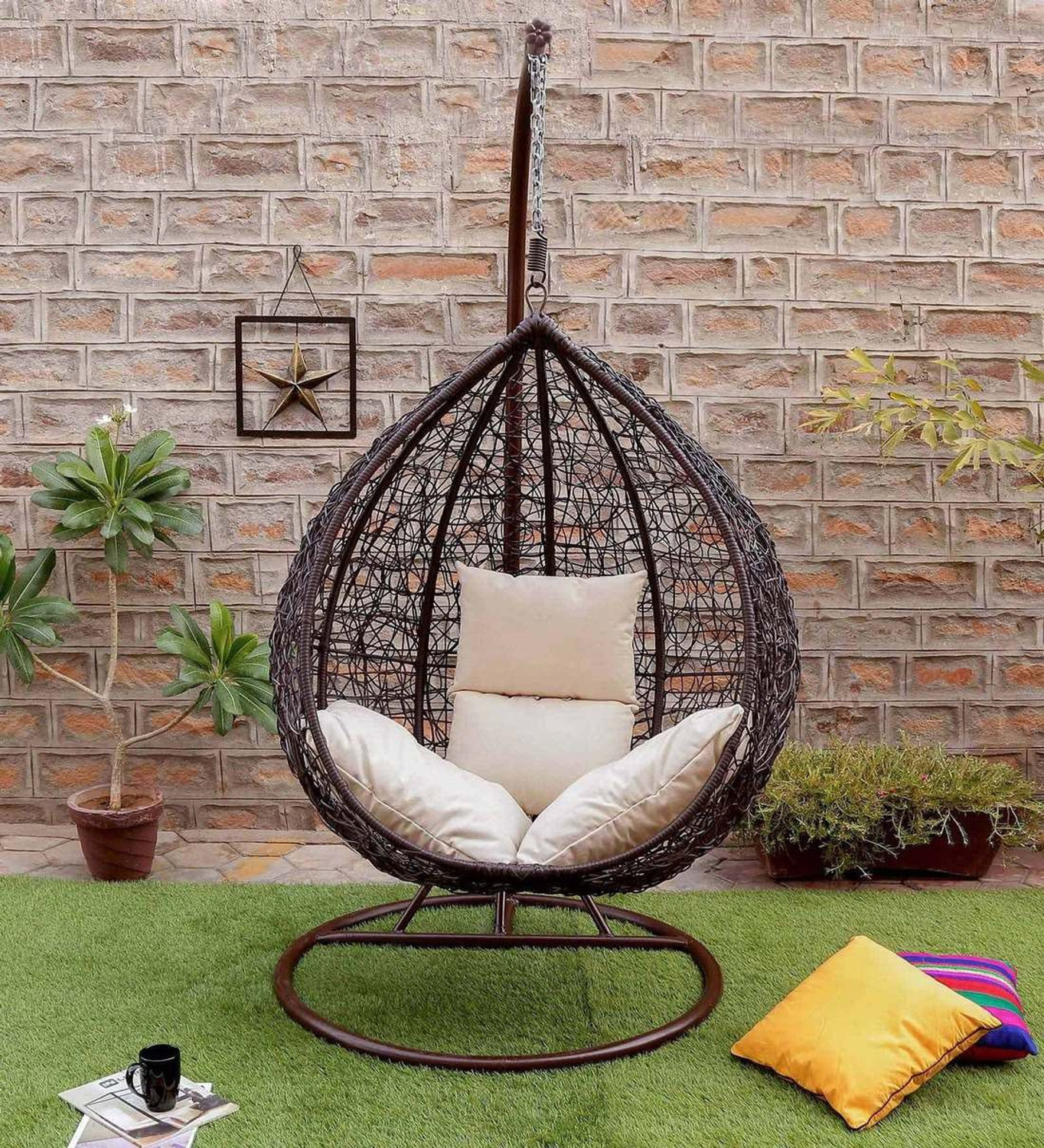 Furniture kart Luxury Hammock Swing with Stand Jhula Brown with Ivory Cushions Steel Large Swing Brown Beige Pack of 4 DIY Do It Yourself Price History