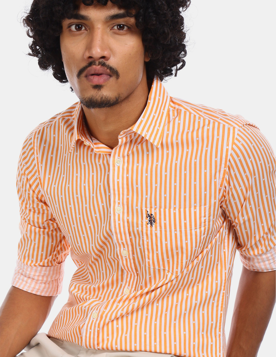 Image of U.S. POLO ASSN. Men Striped Casual White, Orange Shirt