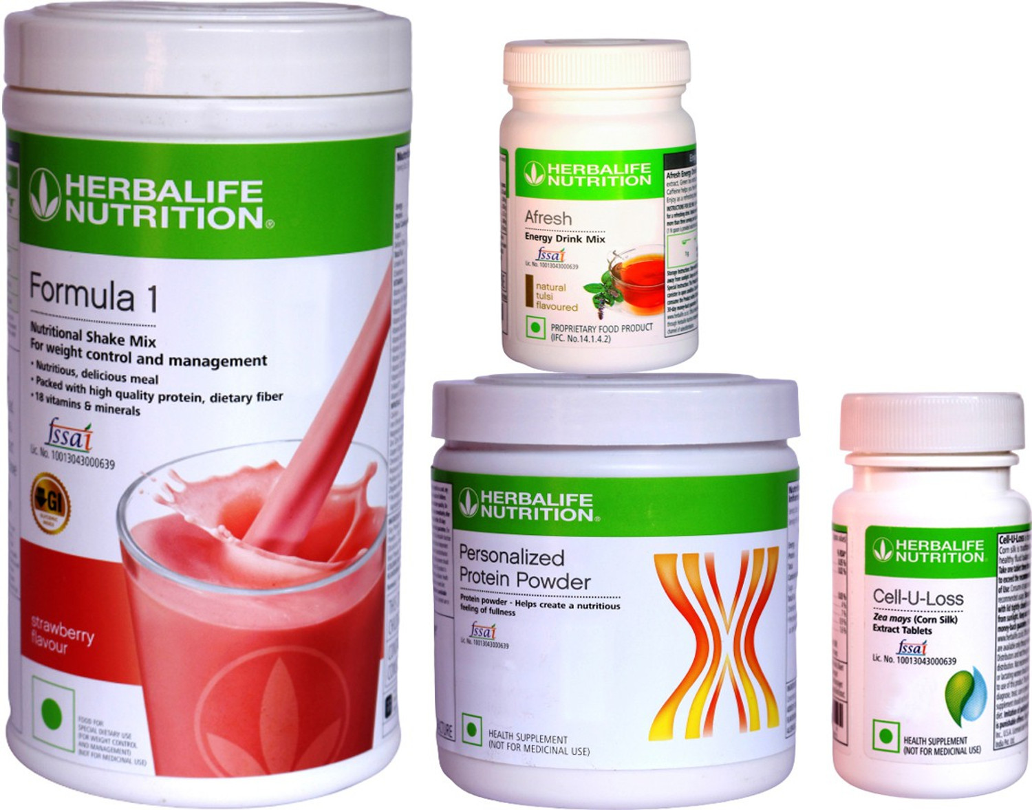 Image of HERBALIFE Extraordinary Weight Loss Combo-Formula 1,Protein Powder+Afresh+Cell U Loss Tablet Energy Drink (800 g, Strawberry & Tulsi Flavored)