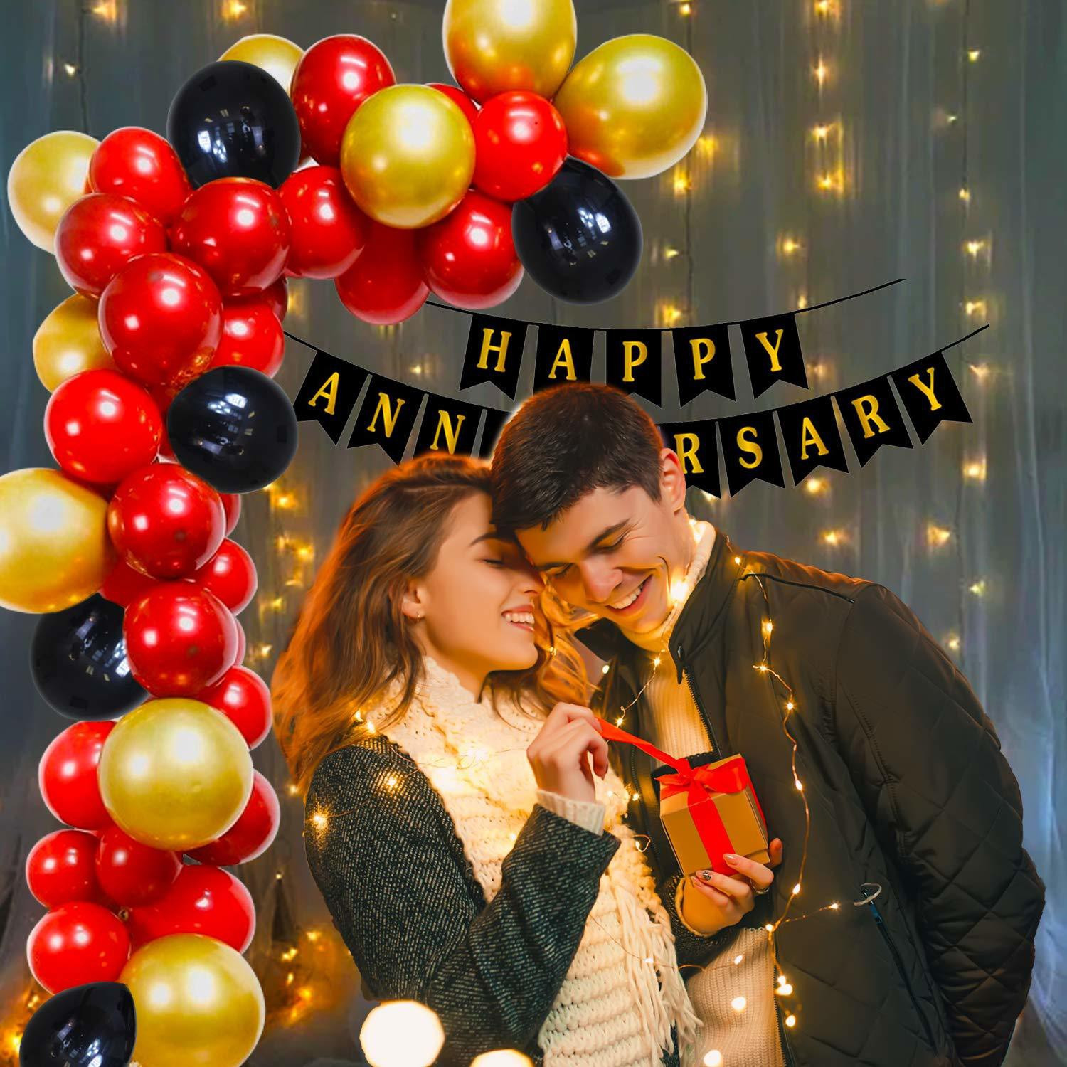 Image of Miss & Chief by Flipkart Solid Happy Anniversary Decoration Kit for Home With Happy Anniversary Banner Kit, Metallic Balloons 1set LED Lights Combo - 54Pcs Anniversary Decoration Items for 25th 50th 1st Wedding Party Decoration, Mom DAD Balloon