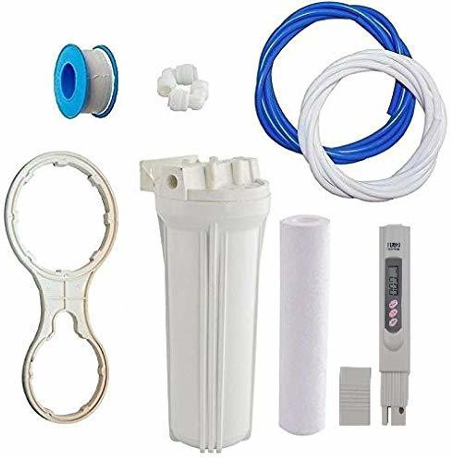 MG WATER SOLUTION 100% Polypropylene Pre Filter Housing Bowl + Digital TDS Meter + Spun Filter + 1/4" 3 Meter RO Pipe Blue/White + Spanner Key &amp; Elbow Connector For Domestic Water Purifier 10 Inch Solid Filter Cartridge  (0.5, Pack of 8)
