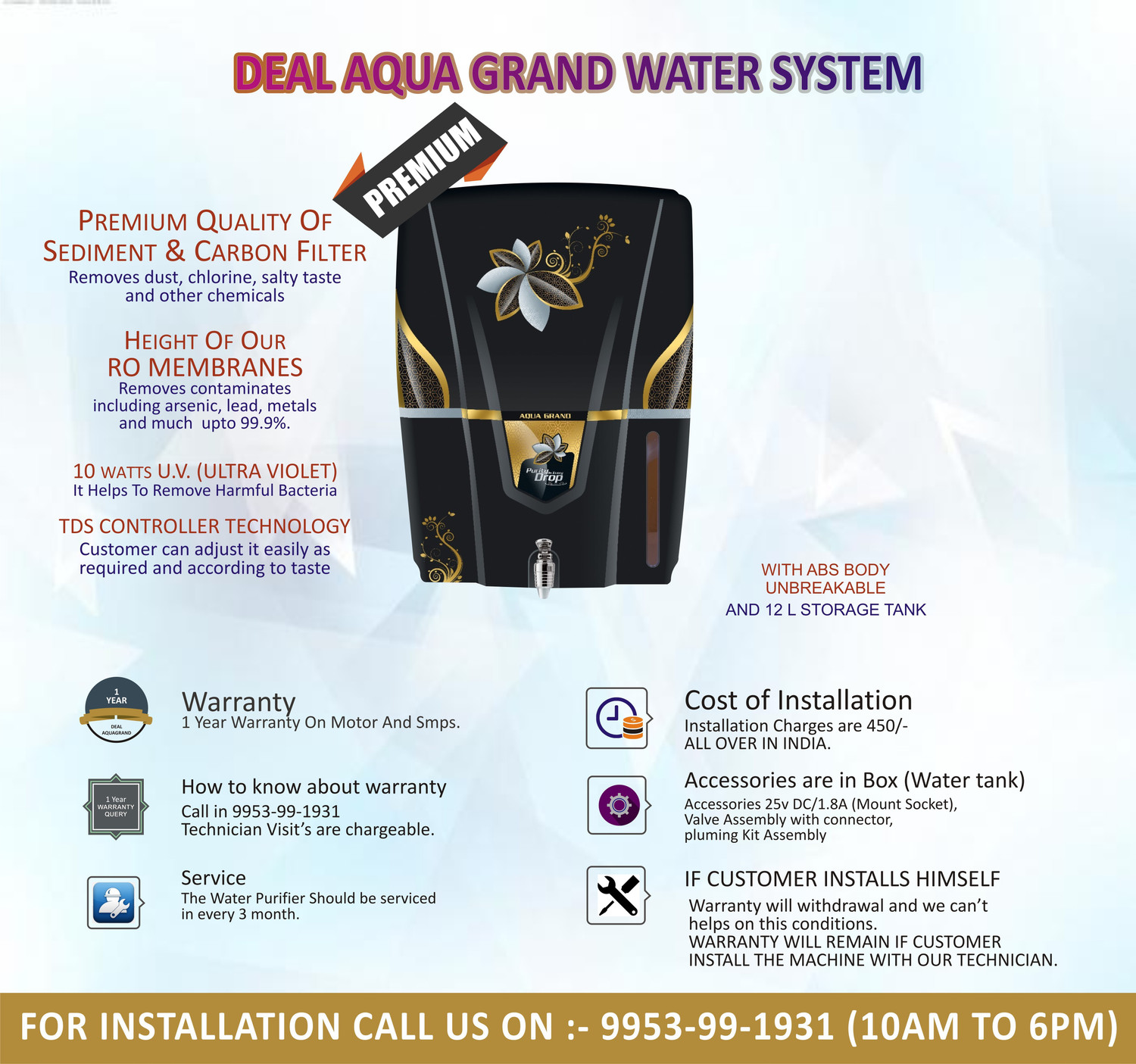 Image of Grand plus Golden Audy 12 L RO + UV + UF + TDS Water Purifier with Prefilter